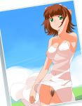  1girl a1 adorable amami_haruka bows breasts brown_hair cute dress green_eyes haruka_amami idolmaster nipples no_bra no_panties pubic_hair pussy ribbon see-through see-through_dress short_hair solo sundress uncensored 