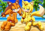 2girls animal_ears ass bbmbbf beach blonde_hair blush boomerang_(tv_network) cartoon_network cute female full_body furry long_hair looking_at_viewer looking_back mobius_unleashed multiple_girls palcomix pietro's_secret_club pussy sega smile sonic_(series) sonic_boom sonic_the_hedgehog_(series) sticks_the_jungle_badger tail zooey_the_fox