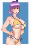 1girl alluring ayane ayane_(doa) bikini breasts cameltoe covered_nipples dead_or_alive erect_nipples female headband huge_breasts large_breasts partially_visible_vulva purple_hair red_eyes short_hair solo star_print swimsuit tecmo underboob yellow_bikini zenkou