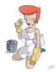 apron apron_only ass attractive big_breasts breasts cartoon_milf dexter's_laboratory dexter's_mom flirt gloves green_eyes hair housewife huge_breasts kneeling lipstick looking_at_viewer nipple_bulge orange_hair roger_bacon short_hair