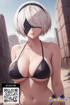 1girl 1girl bangs bare_shoulders big_breasts bikini black_bikini black_blindfold black_hair_ornament black_hairband black_swimsuit blindfold blue_sky blush breasts building clavicle cleavage closed_mouth clothing cloud covered_eyes day eyewear female_only hairband headwear lips littlehentai looking_at_viewer mole mole_under_mouth navel nier:_automata nier_(series) outside parted_lips savitar savitar_(artist) short_hair skindentation sky smile standing stomach swimsuit thighs upper_body white_hair yorha_no.2_type_b