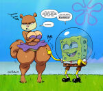 1boy 1girl 2024 anthro bikini biped breasts brown_body clothed clothing crossed_arms dialogue duo english_text eyelashes female fur high_res huge_thighs joaoppereiraus mammal marine nickelodeon pupils rodent sandy_cheeks sciurid sea_sponge slightly_chubby slightly_chubby_anthro slightly_chubby_female smile speech_bubble spongebob spongebob_squarepants swimwear text thick_thighs tree_squirrel two-piece_swimsuit wide_hips yellow_body