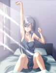  1girl armpits bed chemise curtains hentai light_rays lingerie negligee one_eye_closed original original_character pajamas purple_eyes purple_hair sleepy solo strap_slip stretch sunbeam sunlight takepon underwear wink 