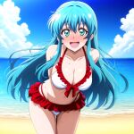 1girl alluring aqua_eyes aqua_hair beach big_breasts bikini blue_sky cleavage eirika eirika_(fire_emblem) fire_emblem frilled_bikini nightcore_(artist) nintendo ocean pin_up