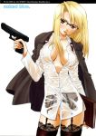 blonde blonde_hair book breasts brown_eyes bullet cleavage duplicate fullmetal_alchemist garter_belt glasses gun hair_down handgun hentai highres jacket jacket_on_shoulders lingerie long_hair megane no_bra no_panties no_pussy nopan pistol riza_hawkeye see-through solo thighhighs transparent_clothing underwear weapon