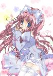  blue_eyes copyright_request dress emily_(pure_dream) garters hair_ribbon hentai long_hair pure_dream red_hair redhead ribbon source_request thigh-highs thighhighs 