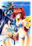  2girls ahoge ass back bikini blue_eyes blue_hair breasts cameltoe cleavage erect_nipples front-tie_top heart_ahoge hentai highres huge_ahoge kagami_sumika long_hair mitsurugi_meiya multiple_girls muvluv one_eye_closed pointing ponytail red_eyes red_hair side-tie_bikini striped striped_bikini striped_swimsuit swimsuit sword uguisu_kagura very_long_hair weapon wink 