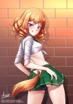 1girl :q adsouto back_view blush cameltoe curly_hair female_only halfling halfling_female high_res kuroinu_~kedakaki_seijo_wa_hakudaku_ni_somaru~ licking_lips looking_at_viewer looking_back looking_back_at_viewer nipples_bulge orange_hair panties pointy_ears red_eyes ruu_ruu school_uniform short_skirt small_breasts solo_female tail thick_thighs