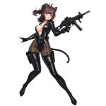 1girl 1girl :o ahoge animal_ear_headphones belt belt_collar belt_pouch black_footwear black_leotard boots bracelet breasts brown_hair cat_ear_headphones cat_tail cleavage collarbone curvy fake_animal_ears fake_tail front-seamed_legwear front_zipper full_body gloves gluteal_fold green_eyes gun headphones high_res holding_gun holding_weapon jewelry last_origin latex latex_leotard leg_belt leotard looking_at_viewer medium_breasts medium_hair official_alternate_costume official_art pantyhose pouch sidelocks simple_background solo_female stockings tachi-e thick_thighs thigh_high_boots tomo_(last_origin) tunamayo_(dsasd751) unzipped v-shaped_eyebrows weapon zipper zipper_leotard