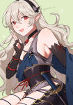 1girl 1girl :d alluring bare_shoulders black_choker black_gloves black_sash choker commentary_request corrin_(fire_emblem) corrin_(fire_emblem)_(female) corrin_(ninja)_(fire_emblem)_(female) elbow_gloves fingerless_gloves fire_emblem fire_emblem_fates fire_emblem_heroes gloves green_background grey_hair grey_kimono high_res japanese_clothes katana kimono long_hair looking_at_viewer ninja nintendo obi official_alternate_costume open_mouth peach11_01 pointy_ears red_eyes sash scabbard sheath sheathed sleeveless sleeveless_kimono smile sword very_long_hair weapon