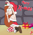 1boy 1girl 1girl boots breast breasts brown_hair christmas christmas_outfit disney disney_channel dress_aside fellatio gift_box gravity_falls holding_object holding_penis kneel living_room long_hair looking_up male medium_breasts mistletoe mistletoe_above_penis nipple nipples oral penis santa_hat stockings straight_hair sucking wendy_corduroy