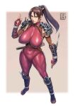 1girl alluring asian asian_female athletic_female big_breasts big_breasts bodysuit brown_hair cirenk female_abs fit_female grey_eyes kunoichi ninja pin_up project_soul simple_background soul_calibur soul_calibur_ii soul_calibur_iii soul_calibur_vi taki tight_clothing weapon