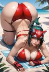 1girl 1girls ai_generated ass_up beach bikini brown_eyes bursting_ass cupcakeattack fat_ass fingerless_gloves gigantic_ass green_hair headband huge_ass huge_breasts kiriko kiriko_(overwatch) kiriko_kamori looking_at_viewer lying_on_breasts mask massive_ass overwatch overwatch_2 ponytail skindentation slim_waist swimsuit wide_hips