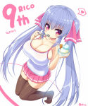 1girl barely_contained big_breasts blue_hair cleavage clothed eating english_text hair_ornament hair_ribbon human ice_cream kneel long_hair looking_at_viewer on_knees original pink_eyes ribbon riko_(shuz) shortstack shuz_(dodidu) simple_background skindentation stockings text tight_clothing twin_tails white_skin