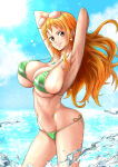 1girl 1girl alluring big_breasts bikini curvy day earrings floating_hair green_bikini jewelry lips long_hair looking_at_viewer micro_bikini minpei_ichigo nami_(one_piece) navel one_piece orange_eyes orange_hair shiny_skin side-tie_bikini_bottom swimsuit thong thong_bikini wide_hips