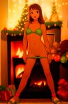 1girl black_hair bra brown_hair chimney christmas cleft_of_venus female_focus fire looking_at_viewer navel original original_character panty_pull pussy younger_female