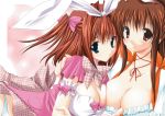 2girls arm_garter asuka_yuu bent_over big_breasts blue_eyes blush bow breast_press breasts brown_eyes choker cleavage crossover fingerless_gloves gloves hair hair_ribbon hentai hug huge_breasts hugging large_breasts long_hair multiple_girls panties plaid ribbon ribbons short_hair symmetrical_docking takanae_kyourin takeuchi_yuka tartan underwear v.g._neo variable_geo vg_neo waitress white_panties