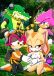 1boy 3girls aged_up bbmbbf bee big_breasts breasts chameleon charmy_bee cream_the_rabbit crocodile espio_the_chameleon female husband_and_wife interspecies male male/female married_couple mobius_unleashed nipples palcomix panties rabbit sega sonic_(series) sonic_the_hedgehog_(series) topless underwear vector_the_crocodile
