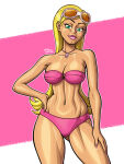 1girl 1girl 1girl artist_name bikini blonde_hair breasts cleavage dakota_(tdi) green_eyes hand_on_hip long_hair looking_at_viewer navel necklace pink_bikini pink_lips pink_lipstick pink_nails simgart solo_female solo_focus sunglasses sunglasses_on_head swimsuit total_drama:_revenge_of_the_island total_drama_island