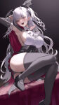 1girl 1girl :d absurd_res armpits arms_behind_head arms_up ass big_breasts black_clothing black_legwear black_panties breasts cape center_frills collared_shirt covered_erect_nipples demon_girl demon_horns detached_sleeves draculina_(last_origin) fangs freng frills head_wings high-waist_skirt high_res horns last_origin legs_up long_hair long_sleeves looking_at_viewer mary_janes miniskirt naughty_face open_mouth panties pointy_ears red_eyes shirt shirt_tucked_in shoes sideboob sitting skirt sleeveless_shirt smile solo_female stockings thighs two_side_up underwear very_long_hair white_hair white_shirt wings yokozuwari