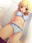 1girl arms_behind_back blonde_hair blue_bra blue_panties blush bow bow_panties bra brown_eyes cagalli_yula_athha cameltoe discreet_vibrator dutch_angle gundam gundam_seed hentai lingerie navel open_mouth panties pants_pull short_hair solo tomose_shunsaku underwear underwear_only vibrator vibrator_under_panties wet_panties wet_spot