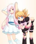 2girls black_boots blonde_hair blue_eyes boots cosplay cure_black cure_black_(cosplay) cure_white cure_white_(cosplay) futari_wa_precure futari_wa_pretty_cure gloves hentai knee_boots long_hair lucy_maria_misora magical_girl midriff multiple_girls parody pink_eyes pink_hair precure ryp sasamori_karin to_heart_2 white_boots