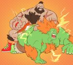 2boys ass bara beard blanka body_hair brown_hair capcom green_skin hax25849 human male male_only muscle muscular muscular_male nipples no_visible_genitalia orange_background orange_hair polka_dot_background scar scars_all_over short_hair spanking street_fighter yaoi yaoi zangief