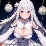  big_breasts breasts dress emilia emilia_(re:zero) henhalla purple_eyes shy silver_hair young younger_female 