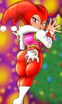 <3 1girl 2021 absurd_res androgynous arched_back ass ass_grab back blush bodysuit christmas christmas_outfit christmas_tree hands_up heart heart-shaped_pupils high_res jester looking_back nights nights_into_dreams noahdoesart purple_eyes red_bodysuit sega thick_thighs thighs tongue tongue_out