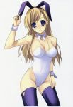  1girl animal_ears bare_shoulders blonde_hair blue_eyes breasts choker cleavage contrapposto fake_animal_ears highres large_breasts leotard long_hair maria-sama_ga_miteru parted_lips playboy_bunny purple_legwear rabbit_ears scan shingo_(missing_link) solo standing thighhighs toudou_shimako wrist_cuffs 