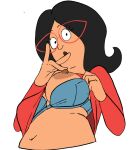 1girl 1girl 1girls belly big_breasts black_eyes black_hair blue_bra bob's_burgers bra bra_pull breasts breasts_out cartoon clothes_lift clothes_pull clothing coolerinker cropped_torso eyewear female_only flashing glasses inkershike lifted_by_self linda_belcher long_hair long_sleeves looking_at_viewer medium_breasts navel nipples open_mouth pregnant red-framed_eyewear red_shirt round_eyewear shirt shirt_lift smile underwear upper_body