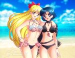 2_girls alluring ami_mizuno beach bikini bishoujo_senshi_sailor_moon blonde_hair blue_eyes blue_hair blue_sky kgfantasy minako_aino ocean pin_up sailor_mercury sailor_venus seashell_bikini