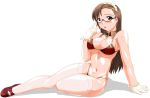 1girl bikini black_eyes blush brown_hair dark_eyes glasses gloves hentai kafra micro_bikini ragnarok_online shiny simple_background sitting solo swimsuit thighhighs white_background