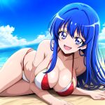 1girl alluring bare_legs beach big_breasts bikini blue_eyes blue_hair blue_sky caeda caeda_(fire_emblem) cleavage fire_emblem nightcore_(artist) nintendo ocean pin_up sand