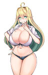 1girl 1girl ahoge blonde_hair breasts choker cleavage closed_mouth collarbone colored_inner_hair cowboy_shot curvy denim denim_shorts elf elf_female elven_forest_maker green_eyes green_hair hair_between_eyes hand_on_own_hip high_res huge_breasts looking_at_viewer multicolored_hair navel pointy_ears sayashi_(type5_labyrith) shirt short_shorts sleeves_rolled_up smile solo_female stockings thick_thighs thighs tied_shirt two_tone_hair v white_choker white_shirt wide_hips