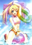  ball beachball bikini blonde_hair blue_eyes blush breasts cleavage copyright_request floating_tire hair_ribbon hentai highres innertube looking_at_viewer ribbon striped striped_bikini striped_swimsuit swimsuit twintails underboob watase_kaoru wink yuki_usagi 