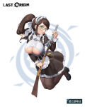 1girl absurd_res apron bad_id bad_pixiv_id belt big_breasts black_dress bow breasts brown_hair brown_panties calligraphy_brush_(medium) center_frills center_opening cleavage cleavage_cutout clothing_cutout constantia_(last_origin) copyright_name dress frills full_body glasses green_eyes gun hair_bow high_ponytail high_res holding_weapon jumping last_origin long_hair long_sleeves looking_at_viewer maid moonlit nail_polish pantyhose pocket_watch ponytail puffy_long_sleeves revealing_clothes rifle round_eyewear swept_bangs under_boob underboob_cutout white_bow white_nails