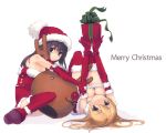  2girls bare_shoulders blonde_hair breasts brown_eyes brown_hair christmas cleavage elbow_gloves gloves hat hentai merry_christmas minami-ke minami_haruka minami_kana multiple_girls original red_gloves refeia reindeer ribbon santa_costume santa_hat simple_background thighhighs white_background 