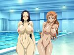 2_girls alluring auburn_eyes bare_legs big_breasts black_hair completely_nude_female nami nico_robin nude one_piece orange_hair pin_up pussy swimming_pool teal_eyes wallpaper