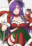 1girl 1girl :d alluring asymmetrical_legwear bag big_breasts box choker christmas cleavage collarbone crossed_legs dress feet_out_of_frame fire_emblem fire_emblem:_three_houses fire_emblem_heroes fire_emblem_warriors:_three_hopes gift gift_box green_thighhighs grey_background hair_over_one_eye hands_up high_res holding holding_bag holding_box long_hair looking_at_viewer mismatched_legwear nintendo official_alternate_costume open_mouth peach11_01 purple_eyes purple_hair red_choker red_dress red_thighhighs santa_costume shez_(fire_emblem) shez_(fire_emblem)_(female) shez_(snowfield_envoy)_(fire_emblem) simple_background sitting smile stockings thigh_strap thighs very_long_hair