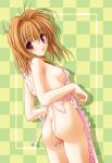  1girl amane_sou apron ass blush breasts brown_hair checkered checkered_background hentai kawai_rie looking_back lovers_(game) naked_apron nude official_art phonecard red_eyes short_hair solo 