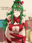 1girl 1girl 1girl alluring background christmas christmas_background christmas_present cleavage completely_nude eyebrows_visible_through_hair female_only fire_emblem fire_emblem_awakening gift gift_wrapped green_eyes green_hair hat medium_breasts naked_ribbon nintendo nude older pointy_ears ponytail red_headwear ribbon ribboned_body sakuremi santa_hat smile tiara tiki_(adult)_(fire_emblem) tiki_(fire_emblem) wrapped_up