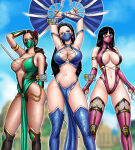 3_girls black_hair brown_hair cosplay crossover earrings fan iury_padilha jade_(mortal_kombat) kitana knee_boots mask mileena mortal_kombat nico_robin one_piece ponytail staff tiara viola viola_(one_piece)