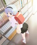  1girl backpack bag blue_eyes blue_hair book bookshelf glasses hairband hentai instrument library original panties panty_pull pleated_skirt randoseru recorder school school_uniform serafuku skirt solo underwear white_panties 