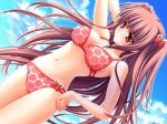  1girl airi_(quilt) bikini blush carnelian day food food-themed_hair_ornament fruit game_cg hair_ornament long_hair navel photoshop_(medium) pink_bikini polka_dot polka_dot_bikini quilt_(game) solo strawberry strawberry_hair_ornament swimsuit two_side_up 