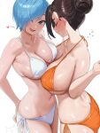 1girl 2_girls absurd_res big_breasts bikini black_hair blue_eyes blue_hair blush breasts bulma chi-chi_(dragon_ball) chichi closed_eyes closed_mouth collarbone commentary dragon_ball dragon_ball_super hair_bun hair_over_one_eye heart high_res looking_at_viewer multiple_girls navel nia_(nia4294) open_mouth orange_bikini short_hair side-tie_bikini_bottom simple_background single_hair_bun smile swimsuit symbol-only_commentary white_background white_bikini