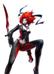  1girl armpit badass bare_shoulders blood bloodrayne bloodrayne_(videogame) breasts choker dhampir elbow_gloves fingerless_gloves gloves green_eyes hair halter_top halterneck hentai high_heels jewelry leather lipstick majesco rayne_(bloodrayne) red_hair shoes solo sword thighhighs vampire weapon white_background 