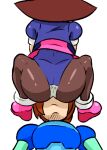 1boy 1girl ass brown_hair capcom jacket leotard mega_man mega_man_legends mega_man_volnutt pantyhose pink_shirt purple_jacket rockman_dash shirt simple_background sitting sitting_on_face sitting_on_person thighs tron_bonne white_background