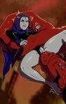 1girl 2d 2d_(artwork) 2d_artwork anus dc_comics giant imminent_sex larger_male leotard male pee penis probe pussy rape raven_(dc) red_body red_skin smaller_female surprise surprised surprised_expression teen_titans trigon urine_stream zelie zeliel zelieldraws