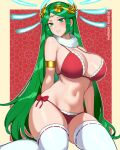 1girl 1girl alluring armlet big_breasts bikini blush christmas green_eyes green_hair grin hair_ornament jewelry kaos_art kid_icarus long_hair looking_at_viewer navel nintendo palutena red_bikini santa_bikini simple_background smile stockings swimsuit thighs white_thighhighs